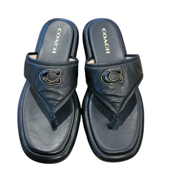 Coach Sylvie Black Leather Logo Platform Thong Sandal - Picture 1 of 13